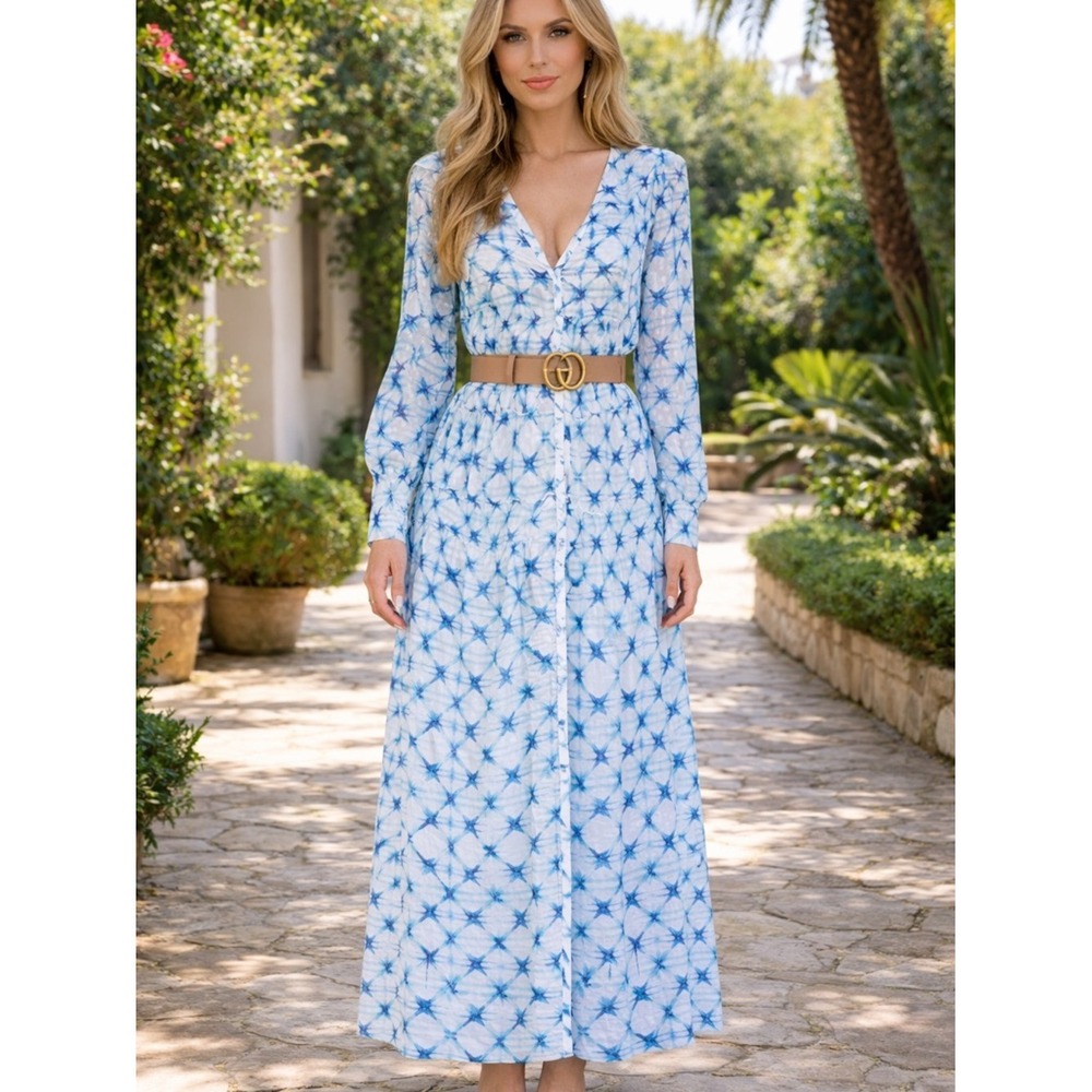 NWT Rococo Sand Volna Flowy Button Front Maxi Dress Blue Multi Size Small
